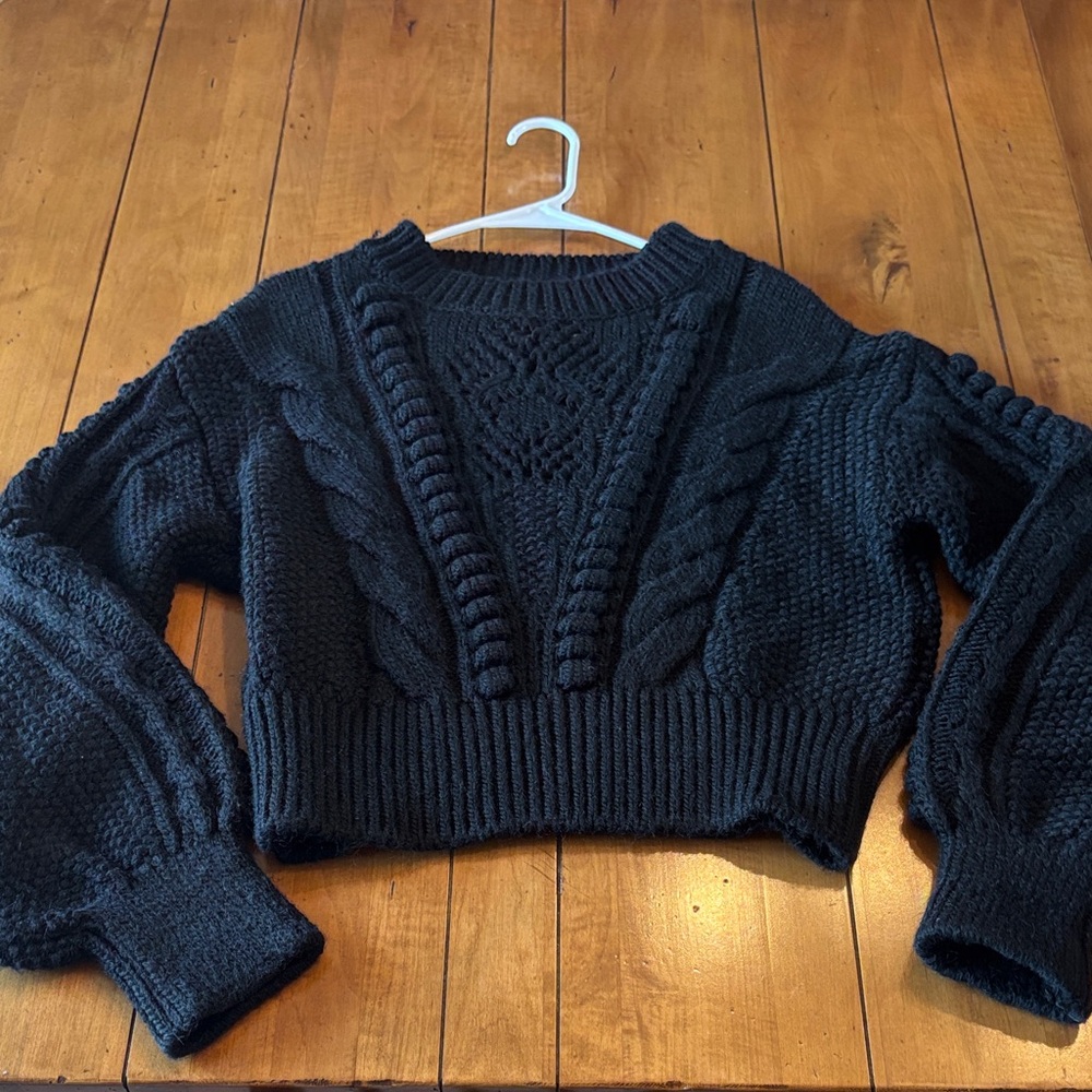 Anthropologie Black Cable-Knit Cropped Crewneck Sweater